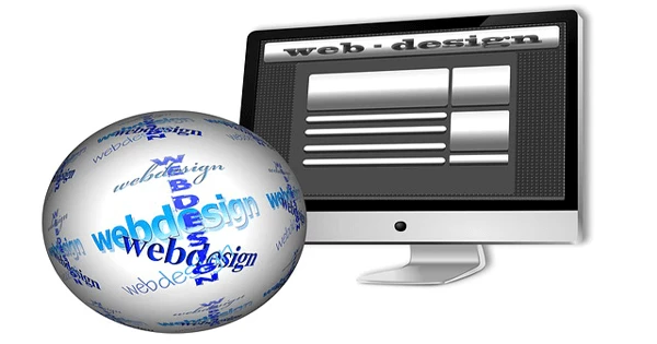 a black & white image of a monitor with Web Design on it with a baoll covered in webdesign in different fonts sitting in front of the monitor