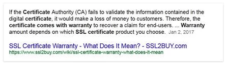 screen print of an explanation for why ssl certificates need a warranty