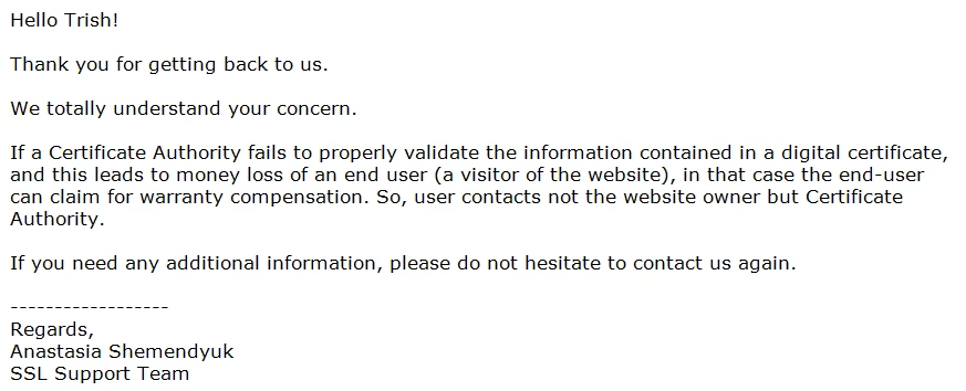 screen print of an email received from namecheap's staff member