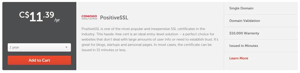 screen print of namecheap's lowest costing SSL certificate