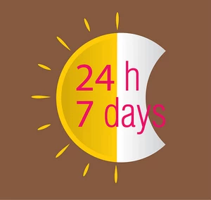 a graphic with "24 h 7 days" written on it