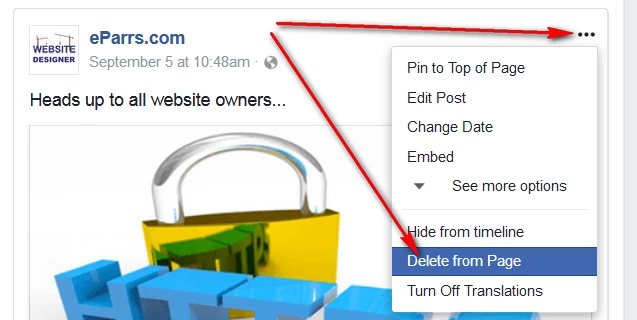 a screen print of a Facebook post, showing how you can Delete from Page