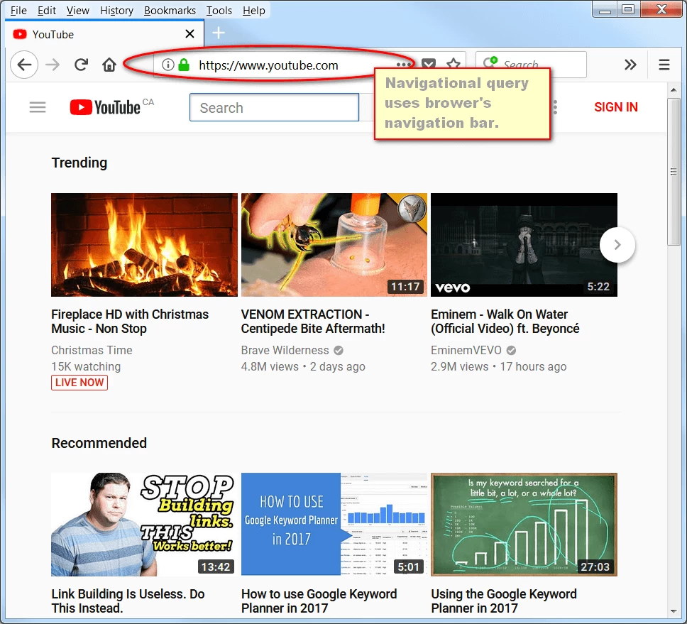 screen print of Youtube.com showing a navigational query