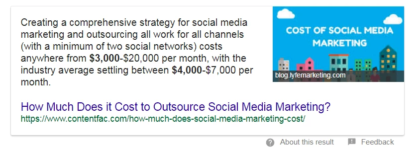 screen print of a Google Featured Snippet for cost of social media marketing