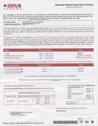 a picture of the scam letter from Domain Registry of Canada - UPDATED version
