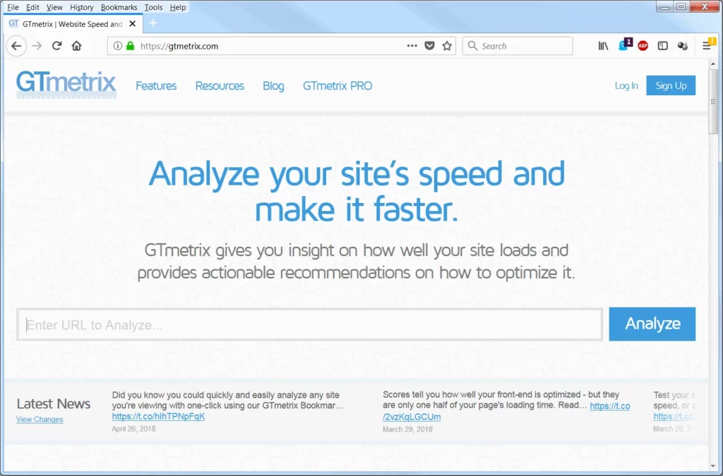 screen print of the GTmetrix.com website