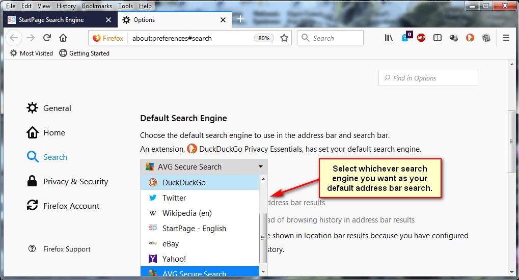 screen print of Firefox Default Search Engine list