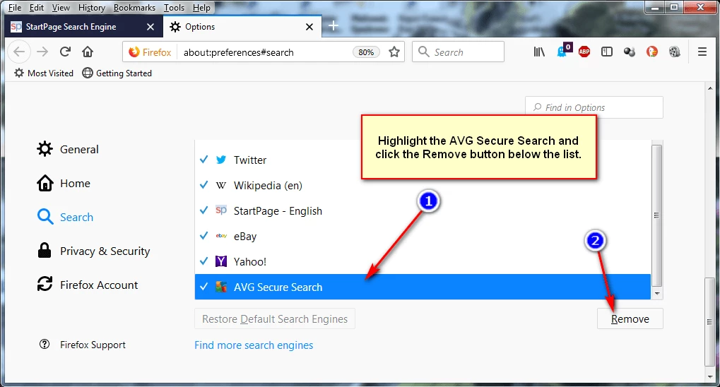 screen print showing selecting AVG Secure Search REMOVE button