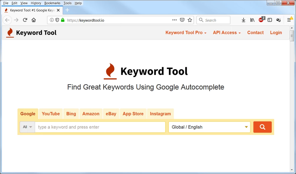 screen print of the keywordtool.io website