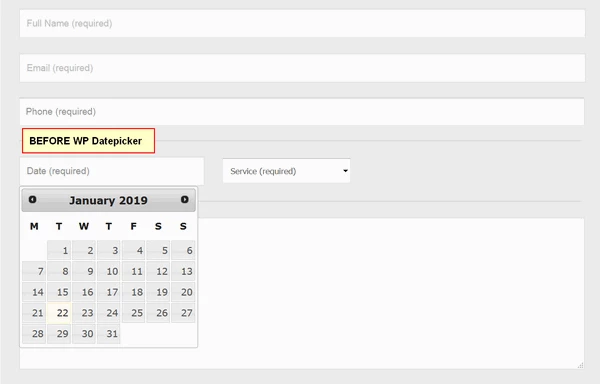 screen print of Contact Form 7 form before WP Datepicker is used