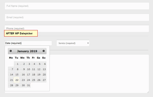 screen print of Contact Form 7 form after WP Datepicker is used