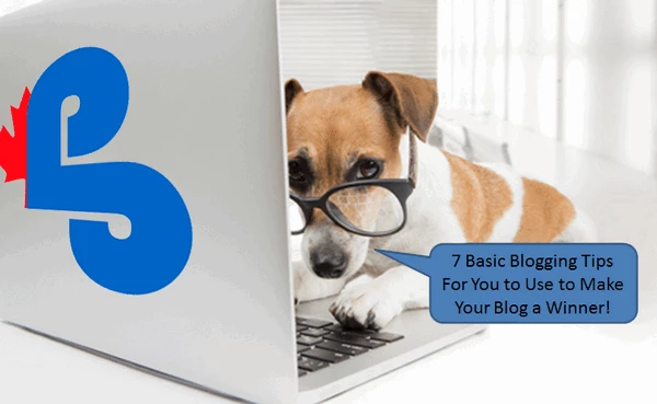small dog in front of laptop computer saying "7 basic blogging tips for you to use to make your blog a winner!"