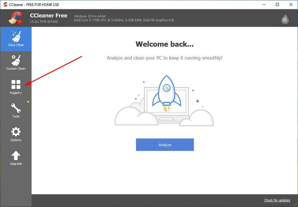 screen print of CCLeaner Free showing how to find the Registry tool