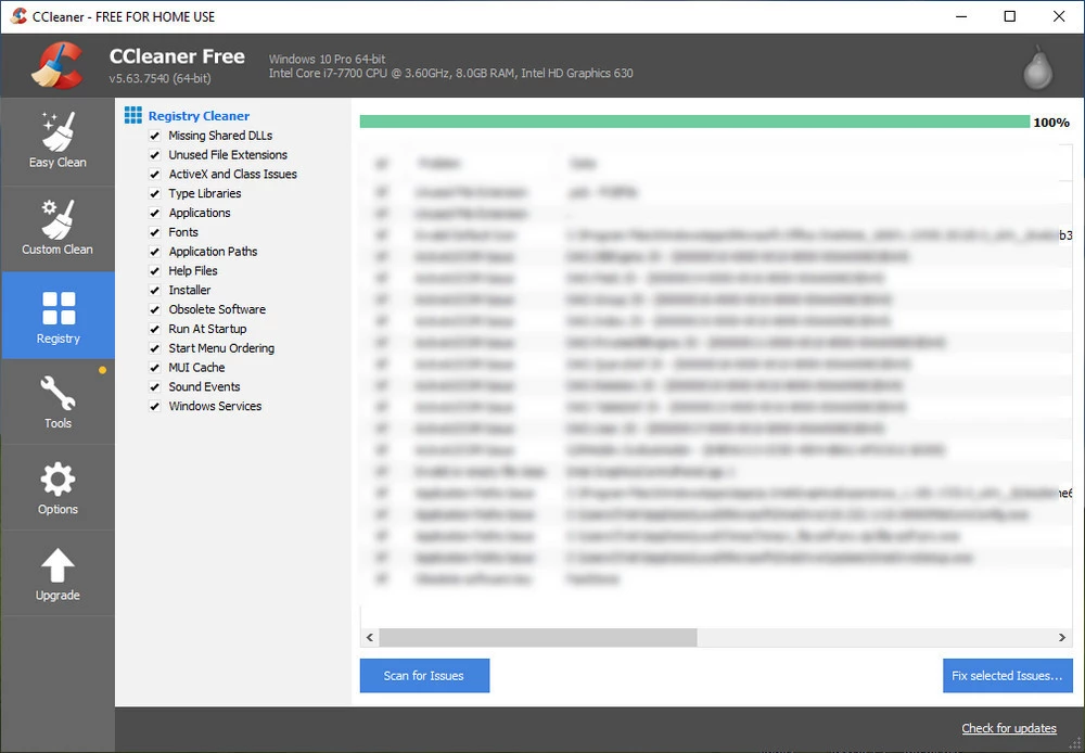 screen print of CCleaner Free displaying all the excess clutter files