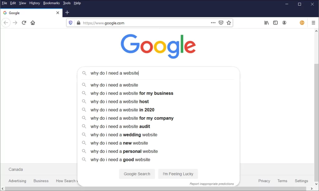 screen print of starting a search in Google