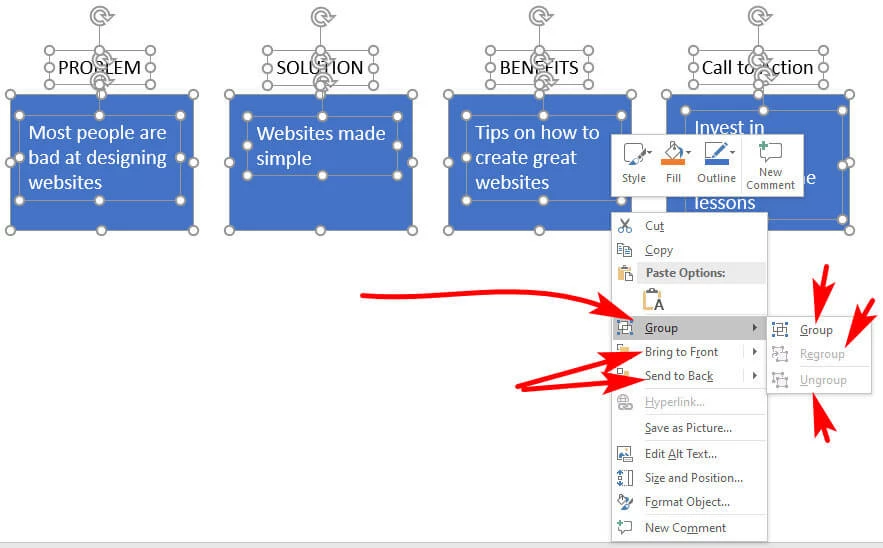 screen pint of one method to find Group and Ungroup options in PowerPoint