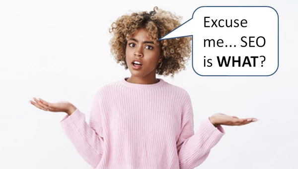 female questioning with "Excuse me... SEO is WHAT?"