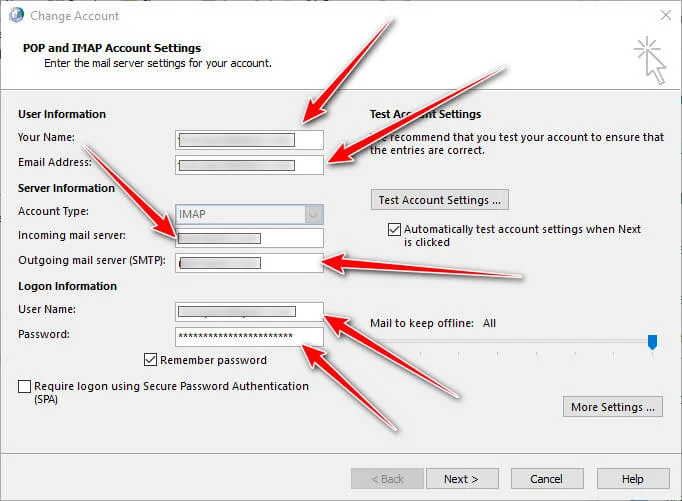 screen print of Change Account in Outlook, with arrows to fields you can edit