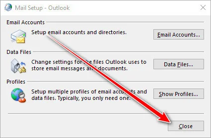 screen print of Mail Setup - Outlook showing to click on Close button