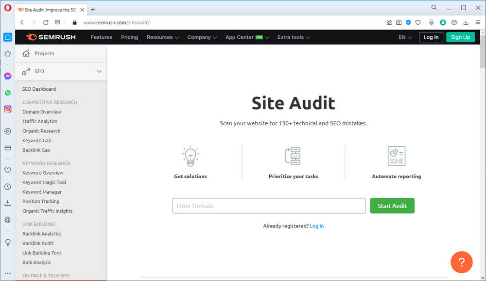 screen print of SEMRush's site audit web page