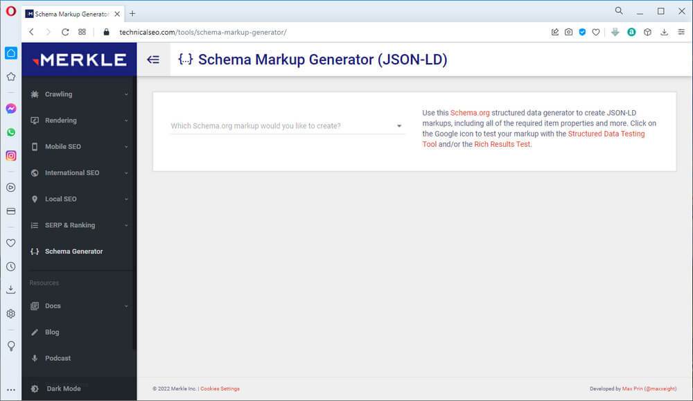 screen print of Schema Markup Generator from Merkle
