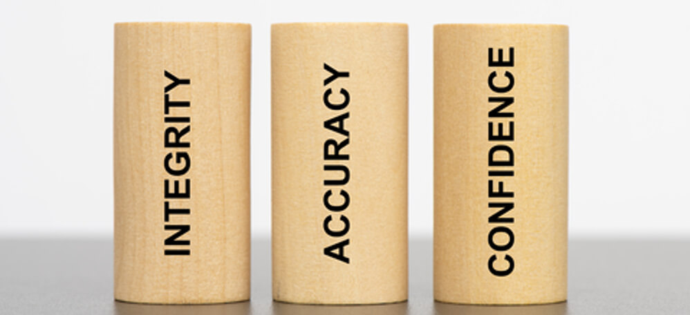 3 pillars each with text of: integrity, accuracy, confidence